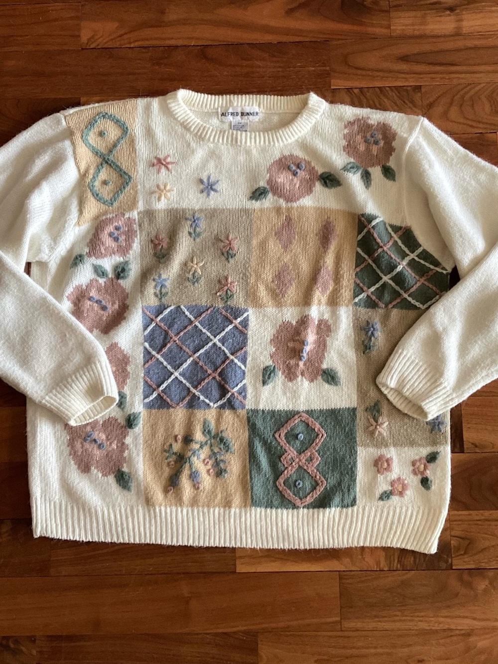 Alfred Dunner Cream Patchwork Floral Crewneck Sweater with Pastel Accents